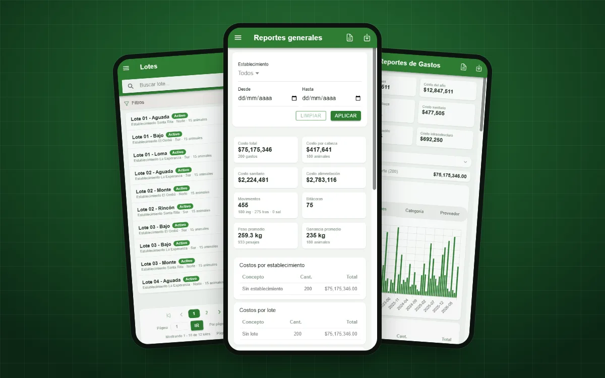 La app de GanadoTech en el celular: listado de lotes, reporte general del rodeo y reporte de gastos.