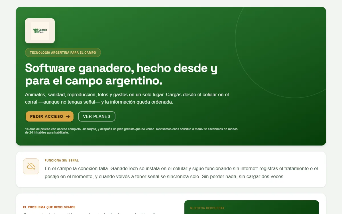 Portada del sitio de GanadoTech: software ganadero hecho desde y para el campo argentino.