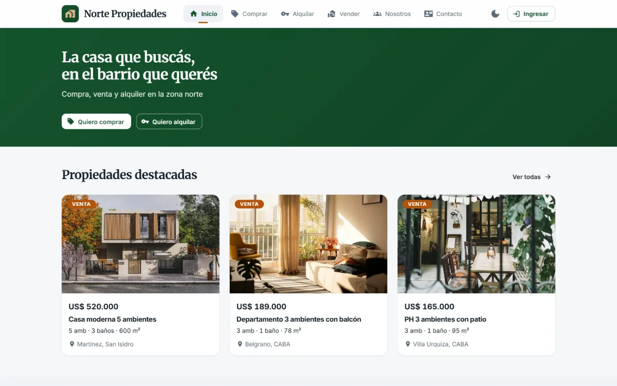 Portal público de una inmobiliaria en Pórtico, con buscador y propiedades destacadas.