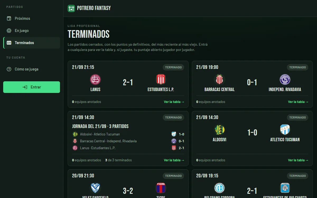Potrero Fantasy: partidos terminados de la Liga Profesional con sus resultados.